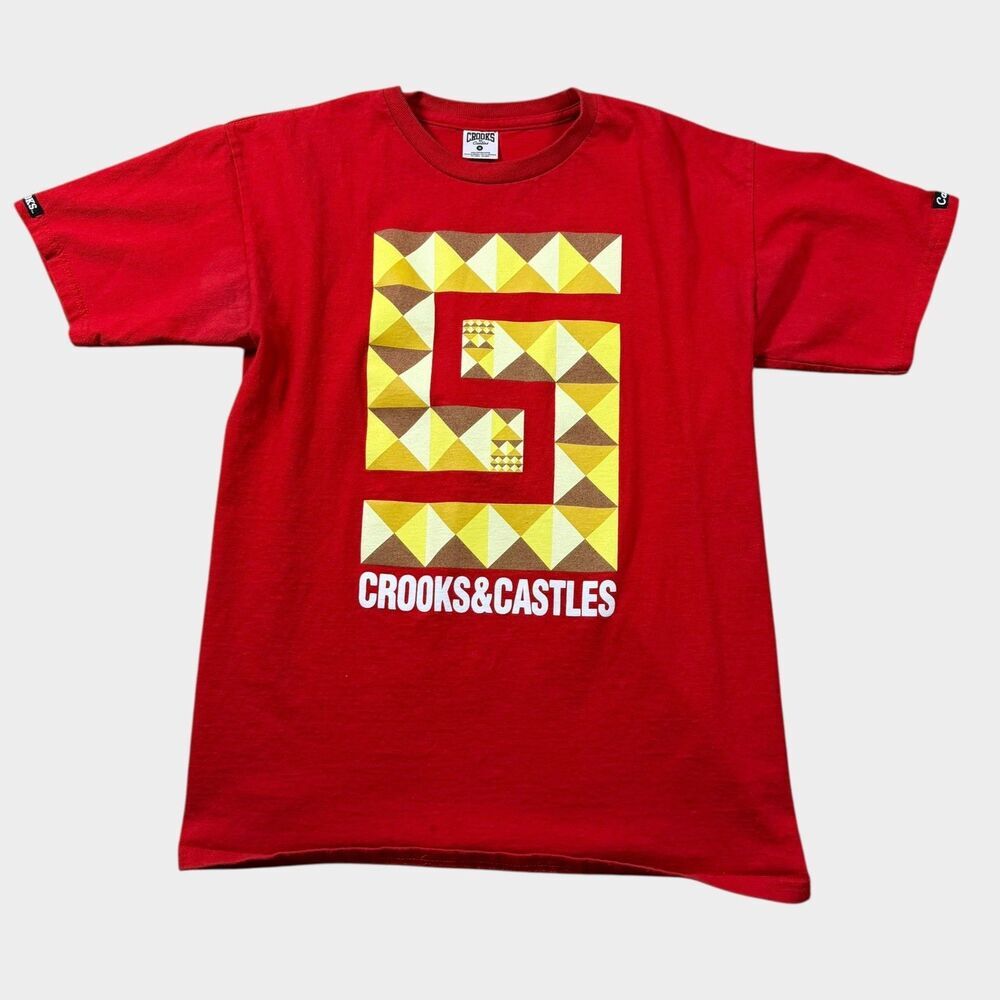 Crooks & Castles T-Shirt Men's Size M Red Geometric Graphic Logo Streetwear Tee